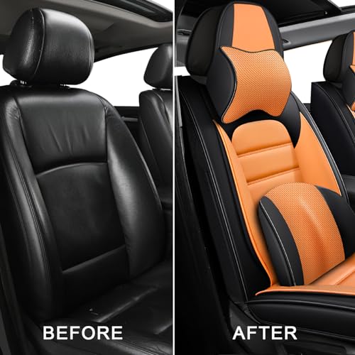 Image of Deluxe Front Covers for Volkswagen Golf SportWagen 2015-2019, Black-Orange | Premium Leather, waterproof full coverage, headrest and lumbar support, non-slip comfort for daily commuting
