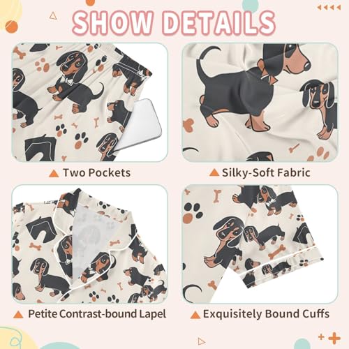 senya Dachshund Dog Bone Satin Summer Pajama Sets Silk Short Sleeve Button Down Sleepwear3