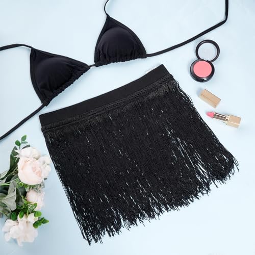 Women Fringe Trim Skirts Beach Tassel High Waisted Skirts Cover Up Mini Skirts Black4