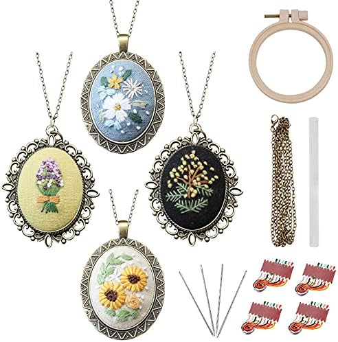 ZOCONE 4 Packs Embroidery Necklace Kits, Embroidery Pendant Kit Mini Cross Stitch Kit with Hoop, Necklace, Pendant, Stamped Pattern Cloth, Instructions, etc., Embroidery Kits for Adults