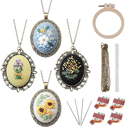ZOCONE 4 Packs Embroidery Necklace Kits, Embroidery Pendant Kit Mini Cross Stitch Kit with Hoop, Necklace, Pendant, Stamped Pattern Cloth, Instructions, etc., Embroidery Kits for Adults
