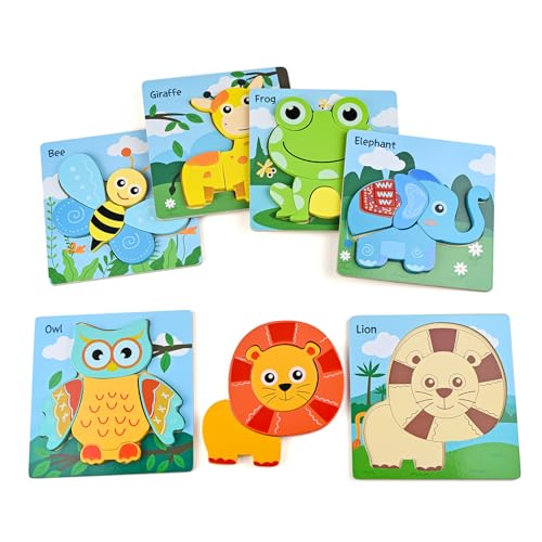 D-KINGCHY Wooden Puzzles for 3 4 5 Years Old Boys Girls, 6 Pcs Animal Jigsaw Puzzles for 3+ Years Old, Educational Preschool Learning Toys for Toddlers