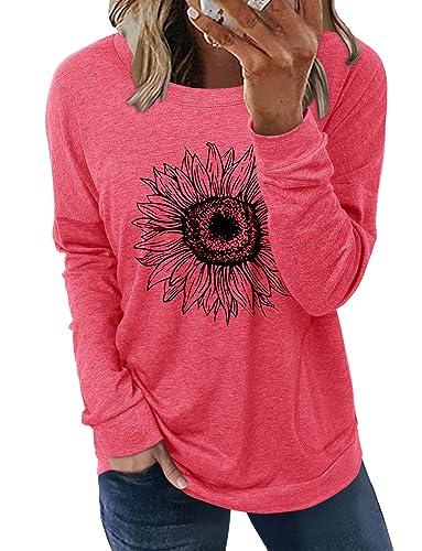onlypuff Sunflower Shirt for Women Long Sleeve Graphic Pocket Shirts Crew Neck Sweatshirts Tunic Top XXL