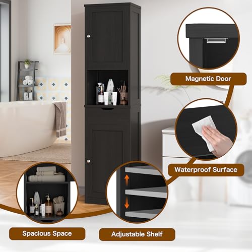 Walsunny Tall Bathroom Storage Cabinet with Freestanding Adjustable Shelves, Narrow Storage Linen Cabinet with 2 Doors and 1 Drawers for Bathroom, Living Room, Kitchen, Black - Image 5