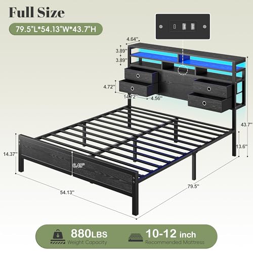 Image of Homkdom Full Size Bed Frame with 3-Tier Storage Headboard and 4 Drawers,Bed Frame Full with LED Lights & Charging Ports,13.6 inch Under Bed Storage,Metal Full Bed 880LBS Heavy Duty,No Noise,Modern Black
