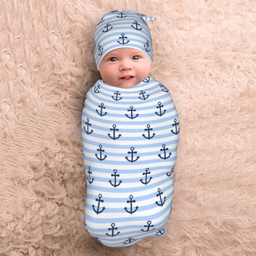 Image of Lcokin Striped Anchor Baby Stuff Swaddle Blanket Hat Set for Boys Girls, Newborn Receiving Blanket Outfit Infant Shower Gift