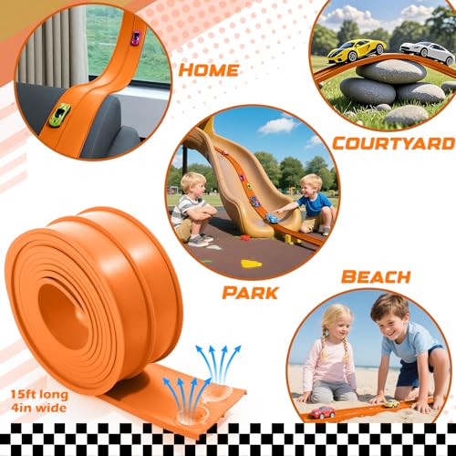 Image of Flexible Race Car Track 15 Ft Starter Set with Suction Cups, Rolls Up Portable Race Track Compatible with Diecast 1 /64th Car, Suitable for Home, Beaches, Parks, and Lawn