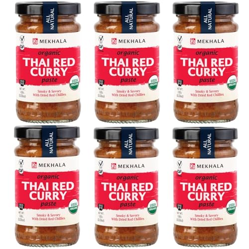 Mekhala Organic Thai Red Curry Paste. Vegan. Gluten-Free. No Added Sugar. Versatile. Hot (6X3.53Oz)
