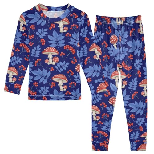 Pajama Sets Long Sleeve Mushroom Berry Leaf Background Soft Comfy Sleepwear 2 Piece PJS 3-8T
