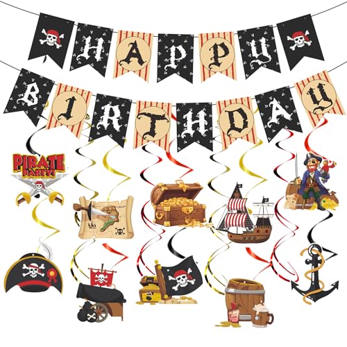 Image of Gameza Pirate Birthday Party Decorations 16PCS Hanging Swirl Banner | Pirate Hanging Swirl Banner Decoration, Birthday Party Ceiling Wall Streamer Decor