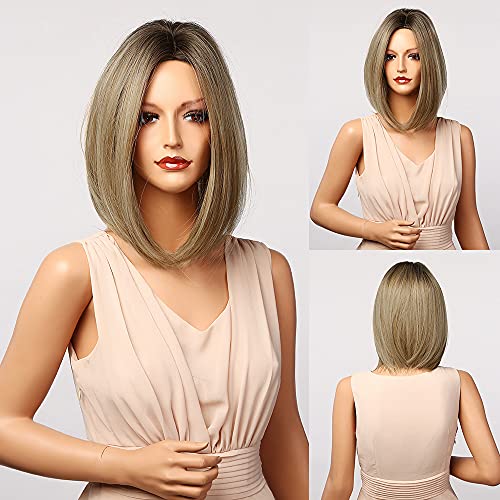 RJGDDJ Short Blonde Wigs with Dark Roots Side Parting Wig Natural Women's Ombre Wig Heat Resistant Straight Short Blonde Wig for Black/White Women (1pc Free Silicone Wig Band)