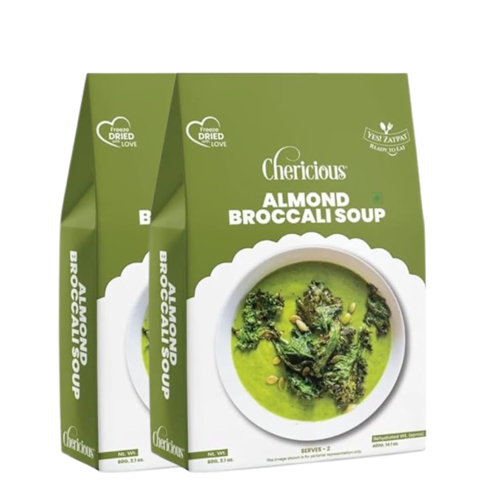 Chericious Ready to Eat Almond Broccoli Soup-Pack of 2 | Instant Freeze Dried- 400 gm each | Just Add Hot Water | No Cook Meal | Travel & Camping Food | Packaged Instant Soup (Almond Broccoli)