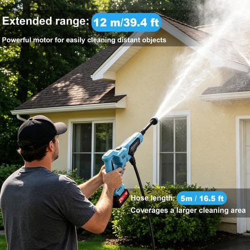 Nettoyeur Haute Pression sans Fil 120Bar/1700PSI,Pistolet Haute Pression sur Batterie 21V Moteur Cuivre,Buse 6-en-1,2x3.0Ah,Tuyau 5m,Débit 6L/Min,Filtre,pour Auto/Jardin/Terrasse-Noir Profond