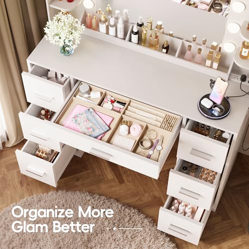 Image of Furmax Vanity Desk with Hollywood Style Mirror with LED Lights, Makeup Table Vanity with 2 AC Outlets and1 USB&1 Type-C Port, Adjustable Lighting, Modern Ample Storage Drawers Dressing Table (White)