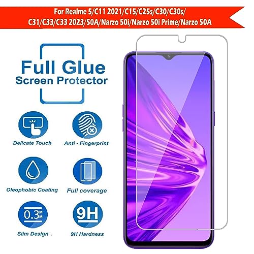 Image of Tempered Glass Screen Protector Compatible for Realme 5 /C11 2021 /C15 /C25s /C30 /C30s /C31 /C33 /C33 2023 /Narzo 50A /50i /50i Prime with Full Screen Coverage;Easy Installation Kit(Transparent),Pack of 1