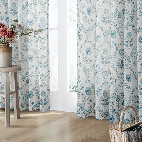 Image of Blue Floral Linen Curtains Patterned Semi Sheer 63 Inch Length 2 Panels Set