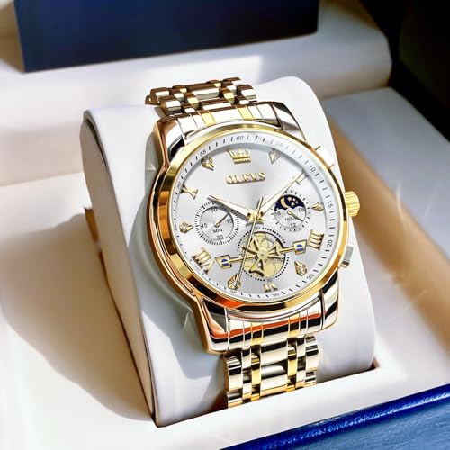 Image of OLEVS Men Watches Stainless Steel Chronograph Watch, Large Wrist Analog Quartz Watch, Fashion Waterproof Diamond Roman Numerals Dress Watches for Men, Gold /Black /White /Blue /Grey Dial