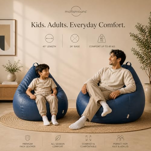 Image of Mollismoons Premium 300 GSM Stretchable Faux Leather Bean Bag Cover Only (Without Beans),Bean Bag Chair for Adults & Kids, Gaming, Study, WFH, Indoor Outdoor,45x24Inch (Royal Navy Blue)