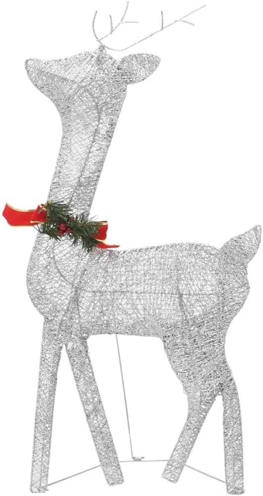vidaXL Silver Christmas Reindeer Family Decoration with Red Bows and Cold White Lights - Fabric and Steel Christmas Ornaments