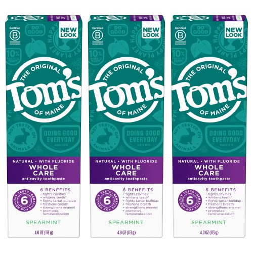 Tom's of Maine Whole Care Natural Toothpaste with Fluoride, Spearmint, 4 oz. 3-Pack (Packaging May Vary)