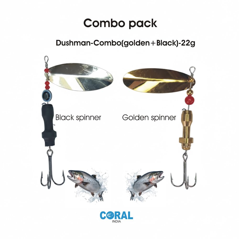 Dushman-Combo 22g (Golden+Black) | Coral India Brass Body Spinner Lure | Long-Casting Fishing Bait | Maximum Vibration | 2-Piece Set with Treble Hooks 1