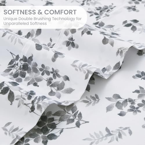Image of Mooreeke Cozy Vintage Microfiber Printed Full Sheet Set - Soft Breathable Percale Cotton Floral Bed Sheets with Deep Pocket - Non-Slip Fitted Design - Gradient Grey Small Flowers Pattern
