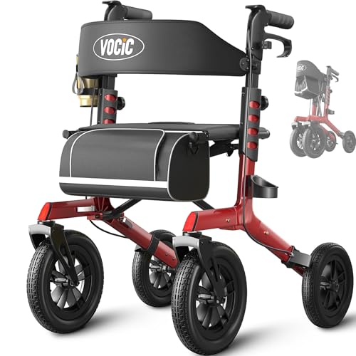 VOCIC Walker with Seat for Seniors Z57 Outdoor Rollator Walker with 12 All Terrain Big Wheels 7-Level Adjustable Height Rolling Walker with Safety Brakes Storage Bag Cup Holder
