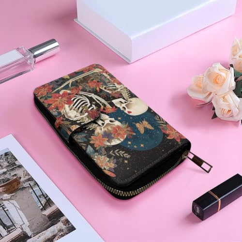 Image of COEQINE Ladies Wallets Pink Leopard Heart Black Printed Leather Phone Long Clutch Purses Check Coin Change Holder