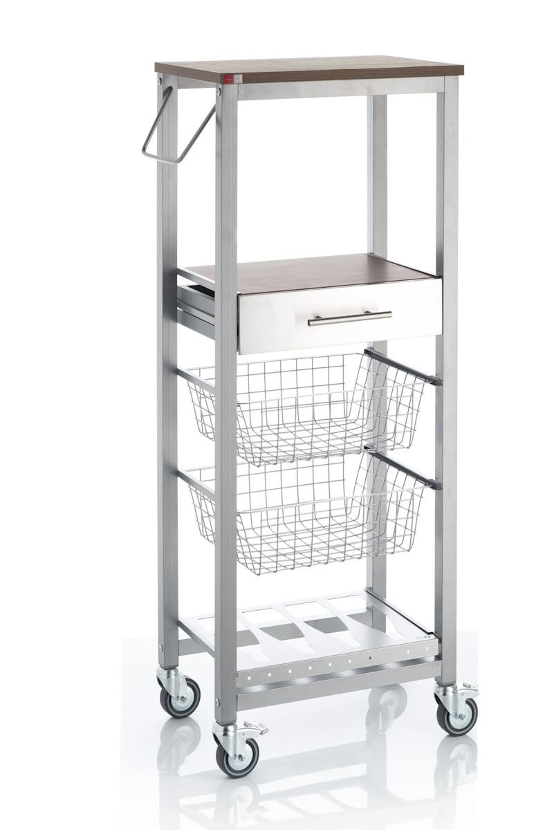 DON HIERRO Carrello da cucina ONDA ALTO – Mobile ausiliario in metallo color alluminio con 2 cestelli, cassetto e portabottiglie