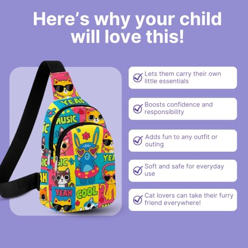 Image of Cots and Cuddles 1pc Cool Cat Print Colourful Cross body Bags for Boys and Girls Kids School, Picnic, Return Gifts, Office