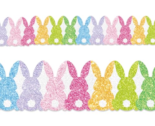 Image of Whaline 65.6ft Easter Bulletin Board Border Glitter Colorful Bunny Rabbit Shaped Die-Cut Border Trim for Spring Classroom Home Office Wall Chalkboard Decoration