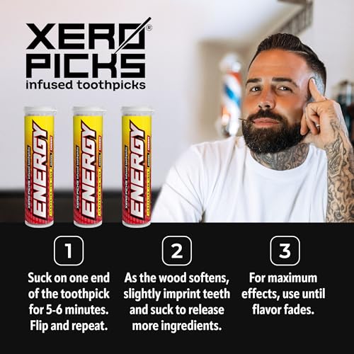 Image of Xero Picks Energy Caffeine Flavored Toothpicks B12 for Focus & B6, 60 Picks (Pack of 3) (Cherry) Sugar-Free Alternative to Energy Mints & Gum - Kosher