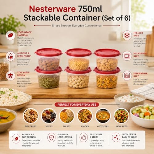 Image of Cutting EDGE Nesterware 750ml Stackable Food Container (Set of 6, Red) | BPA-free plastic, stackable design, leak-proof, kitchen storage, pantry, fridge, meal prep, reusable, travel use