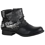  Damen Glitzer Stiefeletten Bequeme Nieten Biker Boots 151461 Schwarz Silber Camiri 36 Flandell