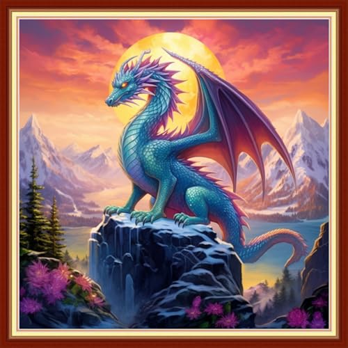 Image of Joyhoor Cross Stitch Kits for Beginners Stamped Cross-Stitch Supplies Needlework preprint Embroidery Kits for Adults DIY Needlepoint Kits Embroidery Patterns 11CT-Sunrise Colored Dragon 18x18 inchs