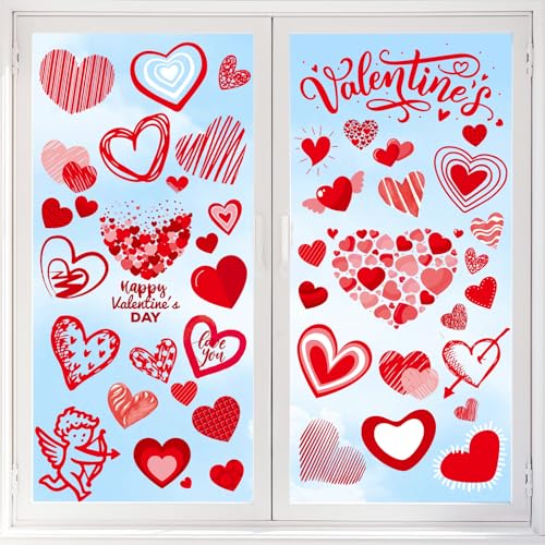Image of 9 Sheets Valentine Window Clings, Valentines Day Decorations Heart Decor | Valentine's Day Window Decals, Red Heart Stickers for Home Office Classroom Romantic Cupid Decals Decor for Party Date Nights