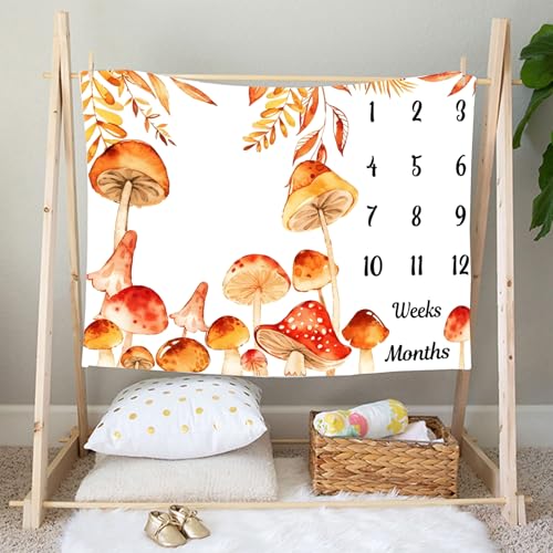 Image of Mushroom Theme Baby Monthly Milestone Blanket, Soft Flannel Watercolor Spring Tropical Eucalyptus Leaves Botanical Photography Prop Newborn Baby Shower Age Growth Tracker (Orange, 48x48in)