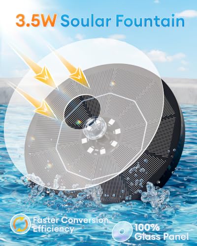 3.5W Solar Fountain,Upgraded 100% Glass Panel Solar Bird Bath Fountain with 2000mAh Battery,7 Color RGB LED Lights & 6 Nozzles,Solar Fountain for Bird Bath,Garden, Pond, Pool, Outdoor Decor(Black) — view 2
