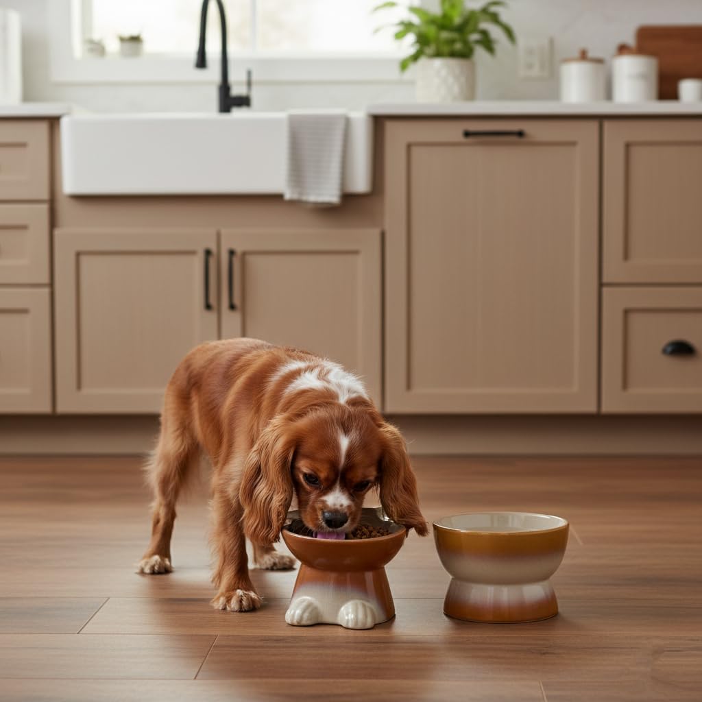 Nihow Dog Food & Water Bowl Set: Elevated Ceramic Dog Bowls for Medium/Small Size Dog - Food Safe Raised Puppy Bowls - Brown Pet Bowl for Protecting Pet's Spine (Set of 2)