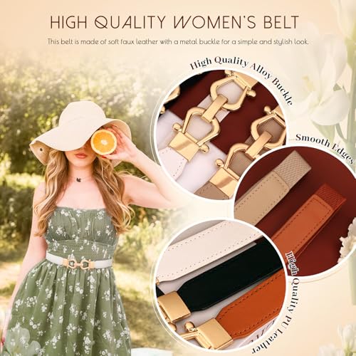 4 Pack Women Stretchy Thin Waist Belt, Fashion Elastic Skinny Belt for Ladies Dresses Jeans with Metal Gold Buckle3