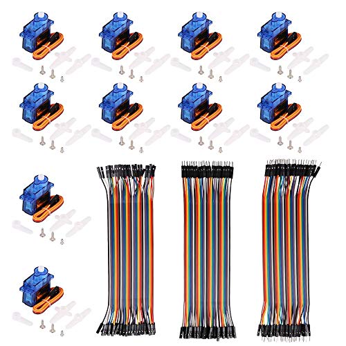 Image of REES52 10Pcs SG90 Micro Servo Motor 9G Servo with 120pcs Multicolored Dupont Wire 40pin Male to Female, 40pin Male to Male, 40pin Female to Female Breadboard Jumper Wires for Arduino