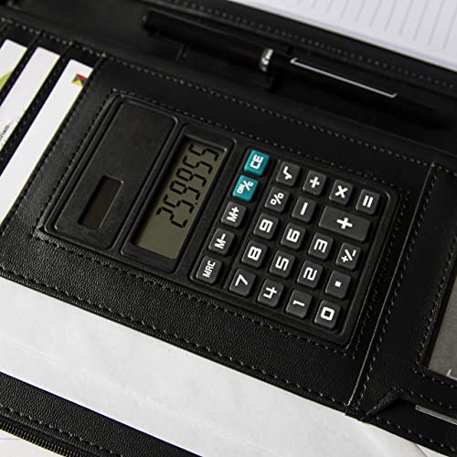 cossini black superior vegan leather business portfolio with zipper  padfolio all-in-one smartest protective 101 inch tablet sleeve presentation slot solar calculator card storage writing pad