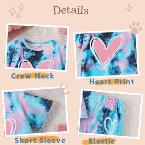 Image of Kids Girl Clothes Tie Dye Heart Print Short Sleeve Top and Shorts Toddler Girl Summer Outfits Short Set