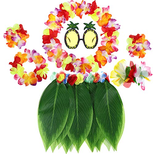 7 Pcs Luau Outfits Hawaiian Aloha Flower Leaf Grass Hula Skirt Leis Set Hairclip Sunglasses Garland for Tropical Party (Warm Orange Mix)