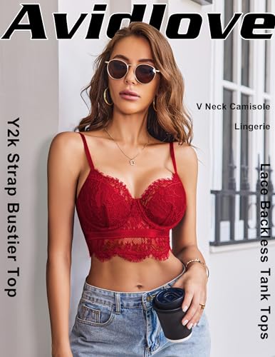 Image of Avidlove Lace Bralettes for Women Y2k Strap Bustier Cami Top V Neck Camisole Lingerie