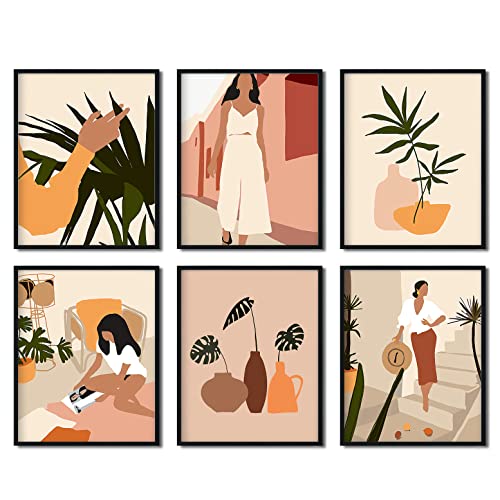 Boho Leaf Lady Wall Art - Black Girls Prints Unframed Bohemian Fashion Woman Wall Decor Minimalist Gold African Abstract Famale Pictures 6 Pieces 8X10Inches Glam Paintings For Girls Bedroom Decoration #TOP22