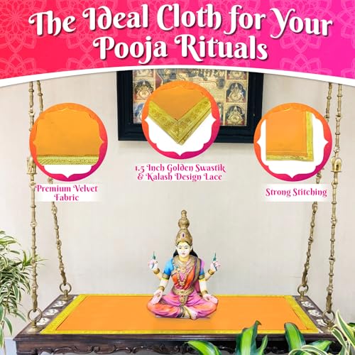 Image of Bhakti Lehar (20 x 40 Inch) Plain Orange Velvet Pooja Aasan for God Idol /Chowki Aasan Kapda Cloth for Temple Shelf Home Mandir, Ganesh Baithak and God Idol Sitting - Pack of 2