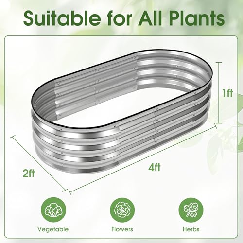 Image of NEWBULIG Galvanized Raised Garden Bed Outdoor, 4x2x1ft Metal Planter Box for Vegetables Flowers Herbs, Heavy-Duty Oval Raised Flower Bed for Gardening, Open Bottom, Easy Assembly, Safe Edges