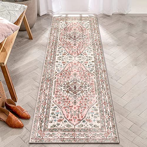 Beeiva Persian Washable Hallway Runner Rug, 2X6 Vintage Floral Bathroom Kitchen Runner Rugs With Rubber Backing, Boho Pink Runner Rug For Hallways Bedroom Entryway Laundry Room #TOP7