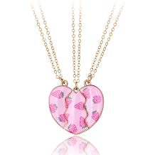 Cute Strawberry Best Friend Necklaces for 3PCS Sweet Matching Split Heart Pendant Pink Enamel Fruit Choker Friendship Forever BFF Necklace Set Jewelry Birthday Gift for Women Bestie Daughter Sister